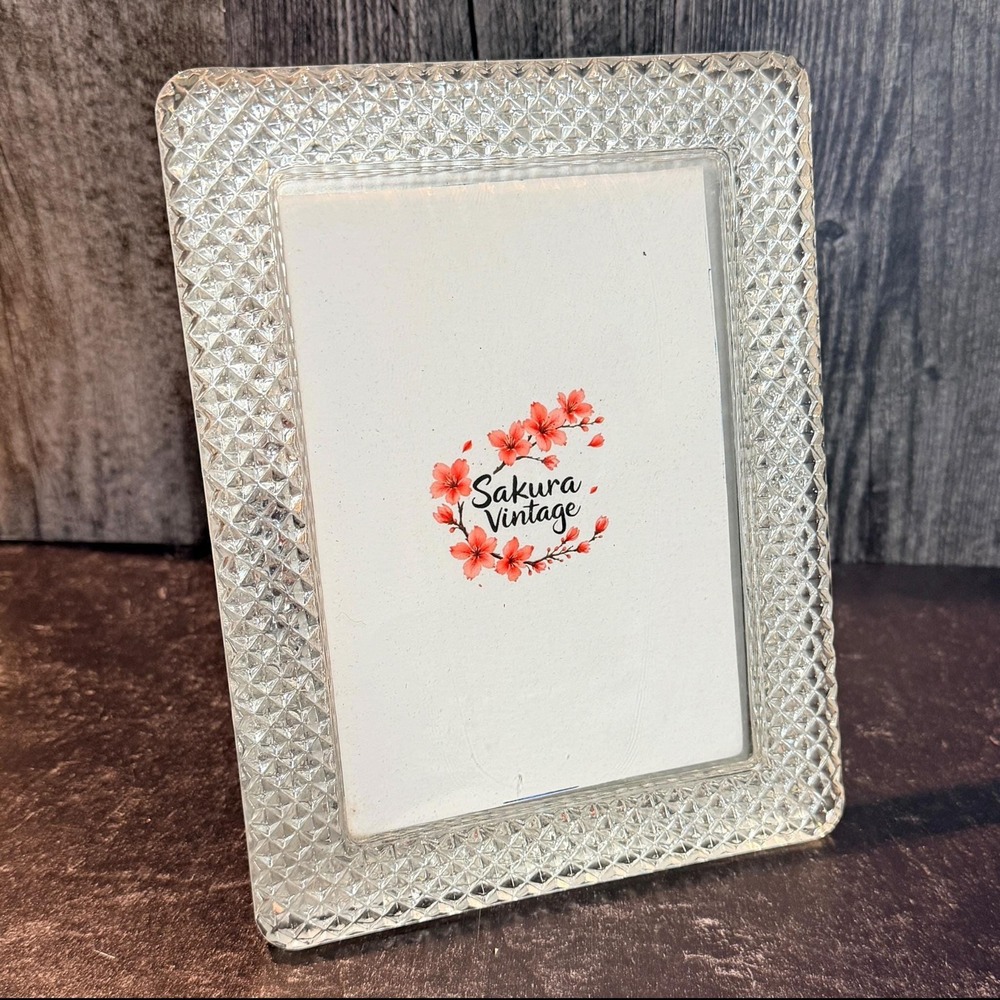 Vintage Lead Crystal Picture Frame Diamond Sunburst 90s Clear 5 x 7" Tabletop